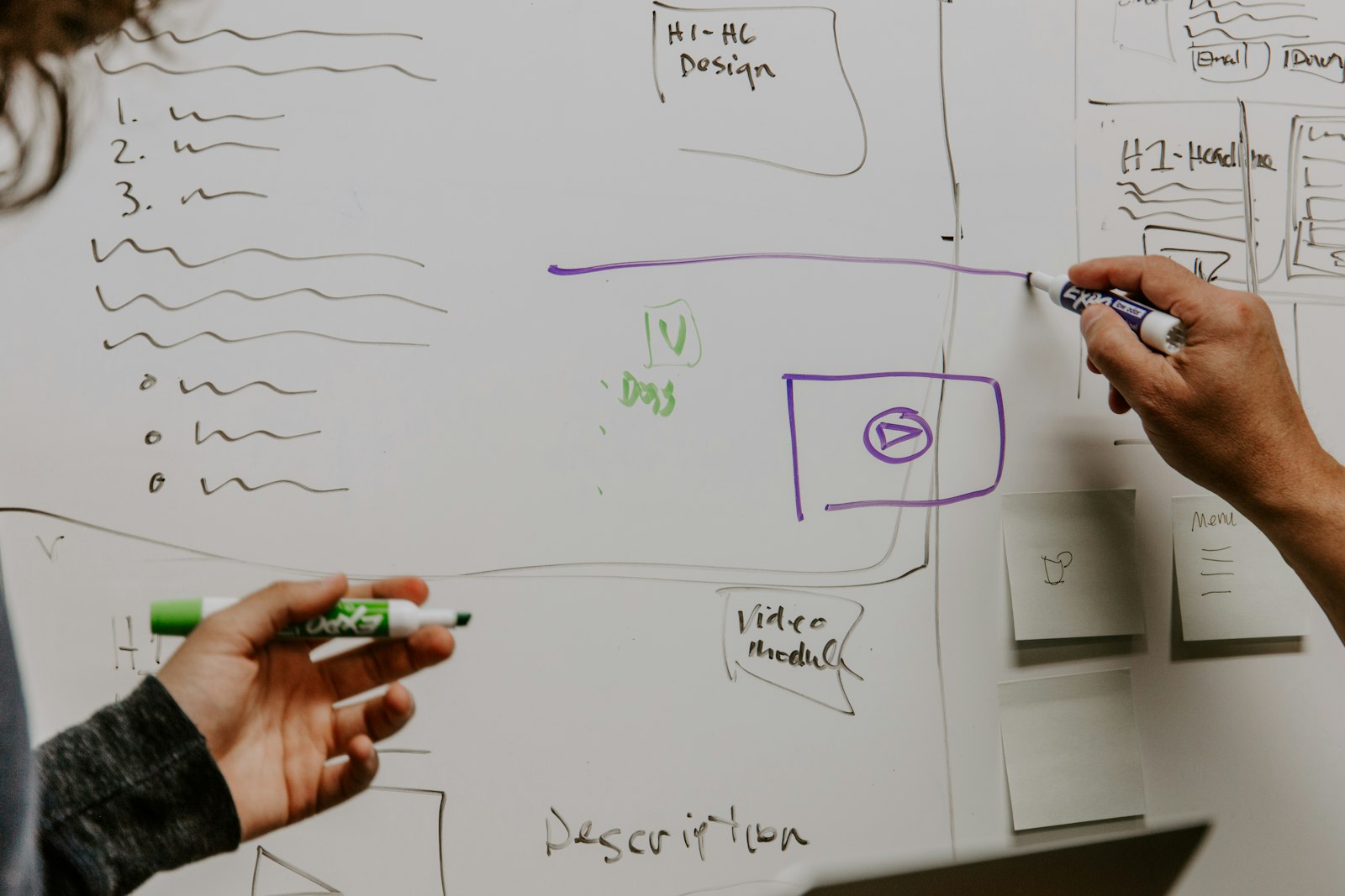 Two colleagues sketching an interface and its components on a whiteboard.